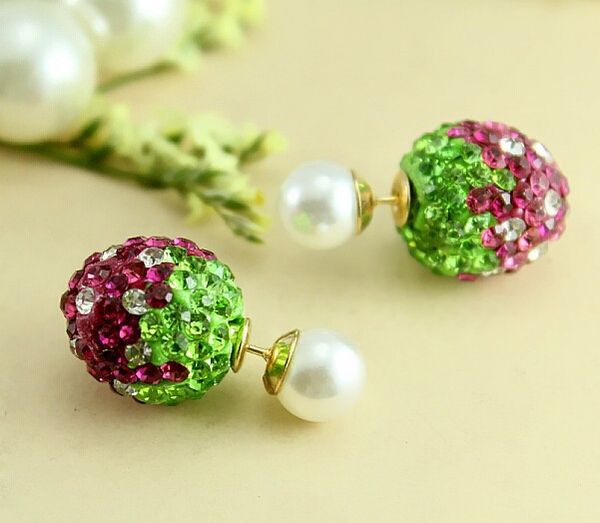 

wholesale-crystal strawberry crystal beads earrings double side imitation pearl piercing stud earrings for women and girls rr723, Golden;silver