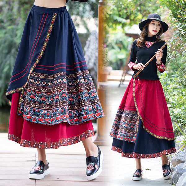 

2019 autumn winter vintage boho long skirts women patchwork cotton and linen skirt irregular elegant tutu skirts plus size w506, Black
