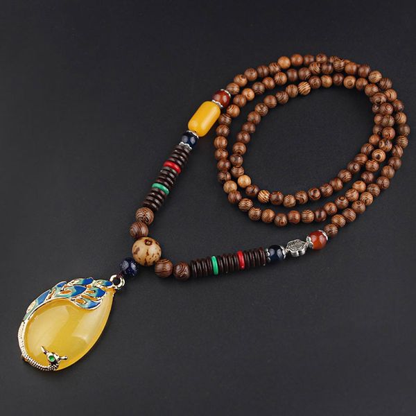 

nepalese resin water drop peacock pendants bohemian necklace men women wood bead necklaces long chain ethnic jewelry accessories, Silver