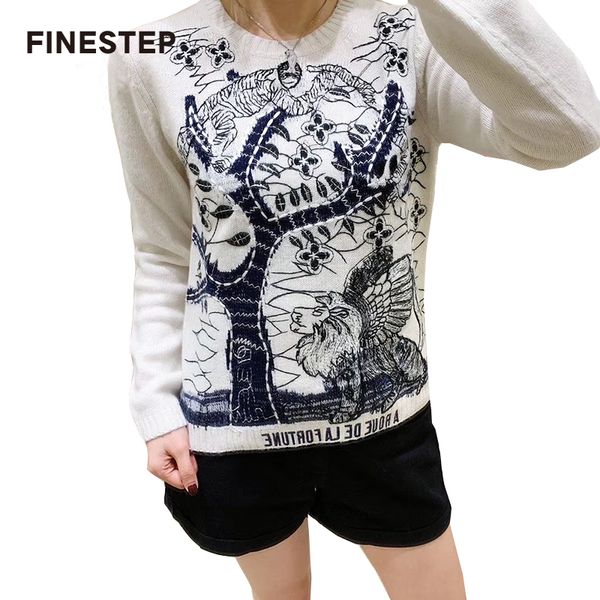

unique wool pullover spring autumn round collar women sweater letter with animal and flower tree, White;black