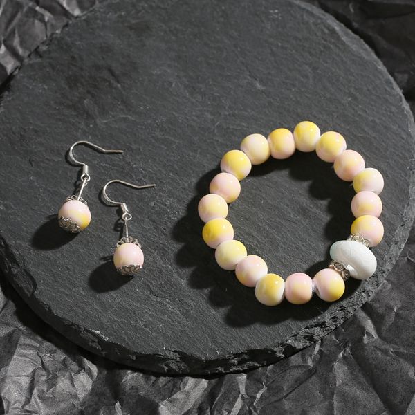 

modern chinese style yellow and pink porcelain beads ceramic bracelet earrings sets fashion ceramic handmade jewelry for women, Black