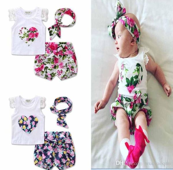 

ins новенькой тенниски набора детских костюмы love heart цветок печать рубашка + короткий + оголовье девочка 3 шт наборы девушки рубашка юбк, White