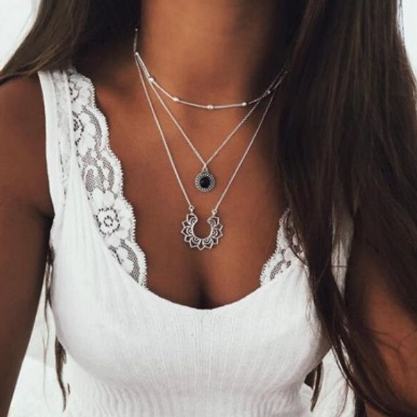 

multilayer necklaces black crystal flower waterdrop pendant necklace for women and girls (silver tone, Golden;silver