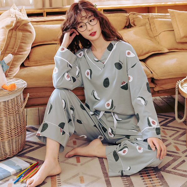 

women v-neck pajama sets 2019 autumn 100% cotton print long sleeve pyjamas homewear big size 3xl sleepwear female pijamas mujer, Black;red