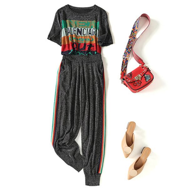 

womens designer spring casual outfit new online celebrity ice silk knitted two-piece letter short-sleeved t-shirt + sports pants suit new, White