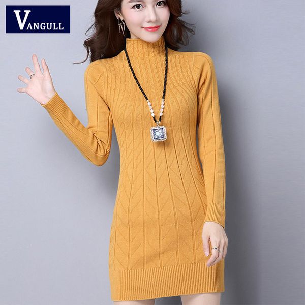 

vangull autumn winter solid knitted cotton sweater dresses new women fashion turtleneck pullover female knitted dress vestidos, Black;pink