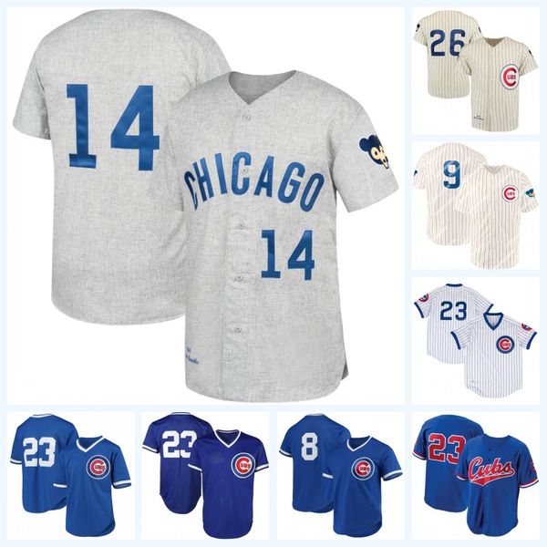 

Mens 9 Javier Baez 1969 8 Andre Dawson Cubs 14 Ernie Banks 23 Ryne Sandberg 26 Billy Williams Cream Grey Blue Baseball Jersey