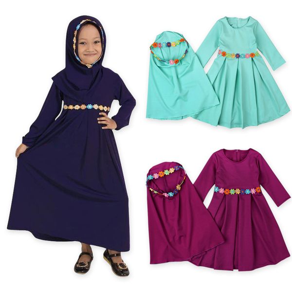 

girls hijab+dress floral muslim abaya turkish kaftan islamic traditional costumes dubai arabic malaysia new year outwear, Red