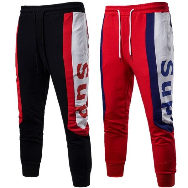 

pants fashion contrst color printing sweatpants mens casual drawstring elastic waisted jogging pants plus size mens, Black