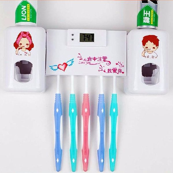 

double combination auto squeeze toothpaste dispenser with clock colorful