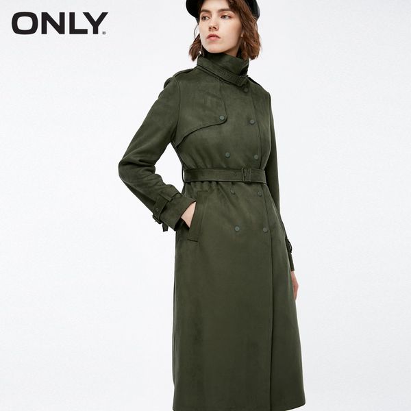 

only women's suede double-breasted wind coatring buckle waistband matte press studs |118336527, Tan;black