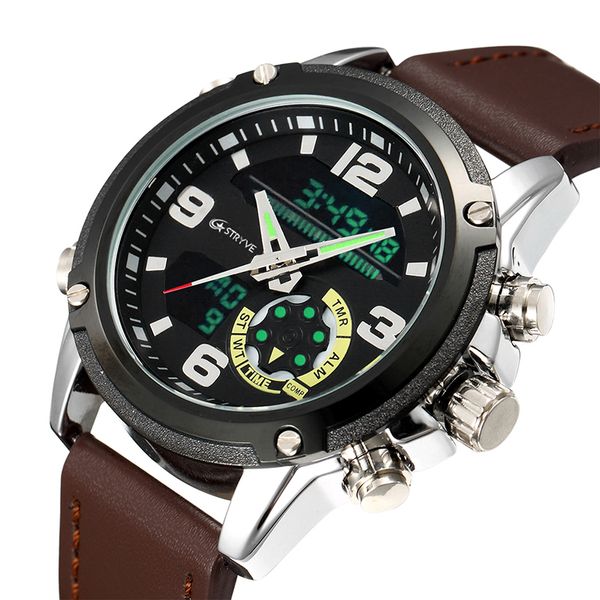 

new designer mne's stryve watches s8017 dual movement relojs male fashion leather men's wristwatches, Slivery;brown