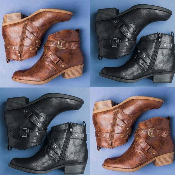 

women's rome shoes retro solid large size zipper buckle chunky med heels boots pointed toe shoes for ladies 2019 winter booties, Black