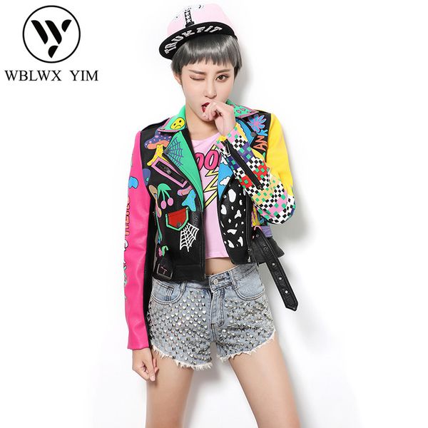 

spring new high end pu leather jacket women fashion cartoon doodle biker leather jacket female motorcycle coats loose outerwear, Black