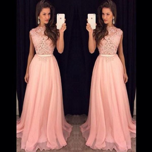 Splendidi abiti da ballo lunghi con scollo gioiello Sheer See Through Top Appliques in pizzo con perline A-line Blush Pink Daffodil Evening Party Gowns