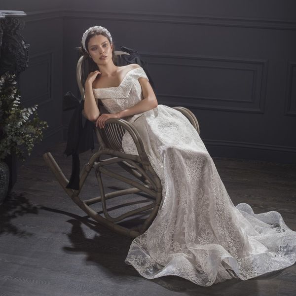 

lihi hod a line lace beach wedding dresses off the shoulder neck bohemian side split bridal gowns sweep train boho robe de mariÃ©e, White