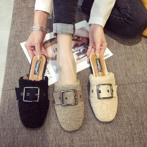 

slippers casual shoes slipers women fur flip flops slides cover toe loafers low luxury 2020 plush flat rome pu hoof heels basic, Black