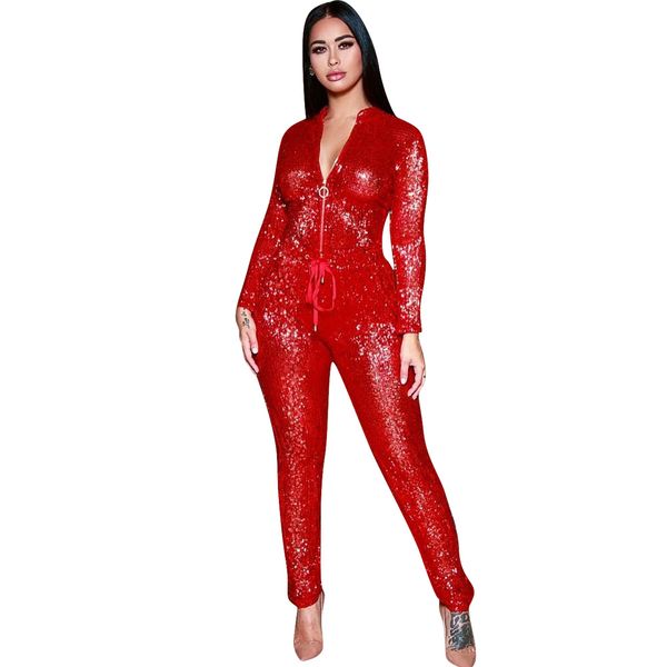 Rompers 2019 Nuove paillettes Donne Silver Red Zip Up High Wait Aheshes Long Sleeve turista BodyCon Rompers Rompers Classic Playuit S3XLLM941x