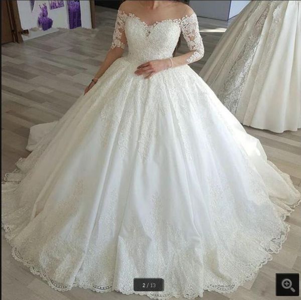 

2020 vintage long sleeves appliques lace wedding dresses beaded princess puffy scoop neck wedding gown bridal dress robe de mariee sale, White