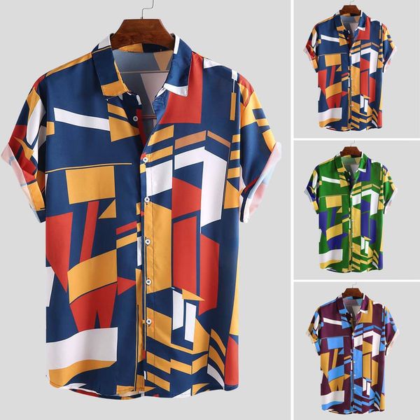 

are you sure not to buy it mens contrast color geometric printed turn down collar short sleeve loose shirts -3xl purchasing, White;black