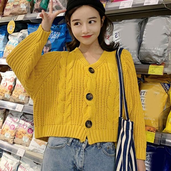 

autumn winter women knitted cardigan sweater korean yellow white jumper casual button long sleeve loose harajuku clothes