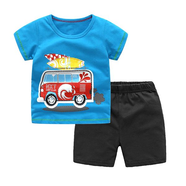 

baby cartoon car bus print clothes sets 2pcs summer cotton outfits infant kid baby boy short sleeve t-shirts +shorts 2-7y, White