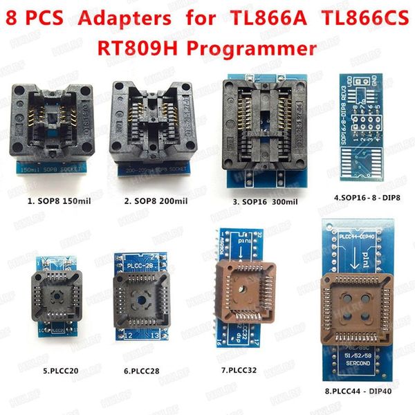 Freeshipping Full Set 8 Adaptadores Para Programador TL866 TL866cs / TL866A / EZP2010 + SOP28 + SOP8 + PLCC IC Extrator, Melhor Kit de Soquetes Eletrônicos