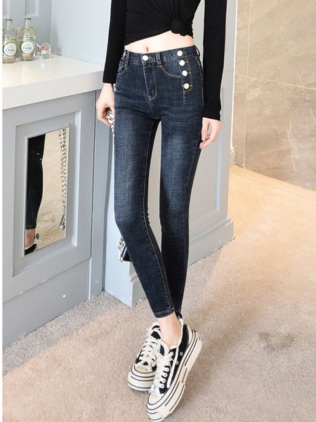 

jujuland woman button denim pencil pants casual minimalism style autumn winter skinny jeans 9813, Blue