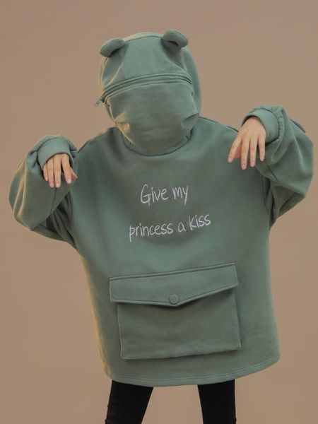 

koera style autumn thick loose sweatshirt harajuku letters printed lovely frog casual hooded hoodies pullover female thicken, Black