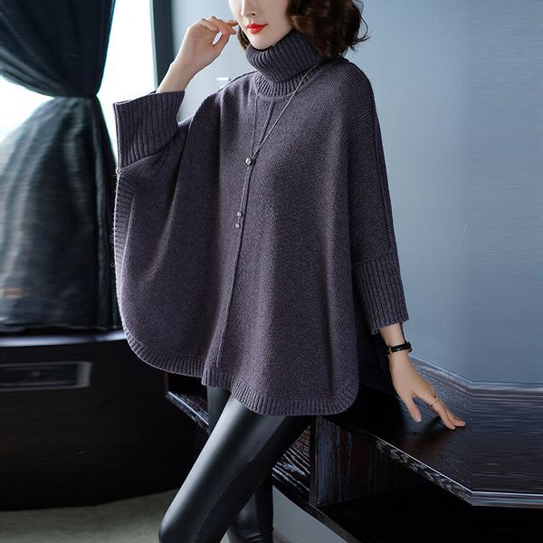 

women 2018 autumn winter turtleneck pullovers loose knitted sweater female elegant thicken shawl bat sleeve jacket sweater v89, Black
