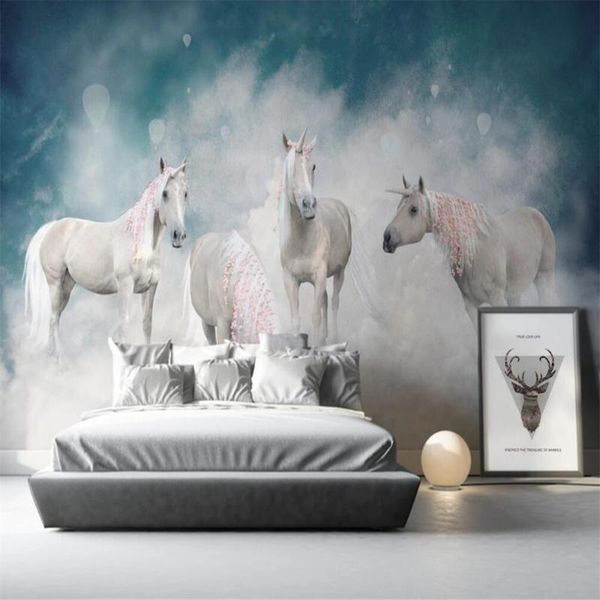 

drop shipping custom 3d wallpaper mural simple dream chasing white horse unicorn wall paper mural decorative painting wallpa