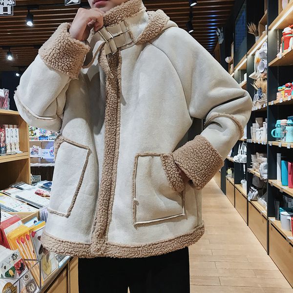 

winter jacket men warm fashion contrast color casual hooded lamb fur coat man streetwear loose padded cotton male clothes s-2xl, Tan;black