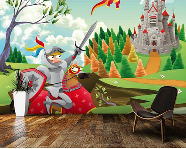 

custom children's wallpaper,brave knight,castle and dragon,3d cartoon ps for children's bedroom boy girl room wall wallpaper