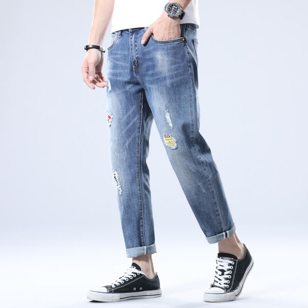 

men's jeans nine-point loose korean version of the trend self-cultivation stretch pants plus size summer thin patch, Blue