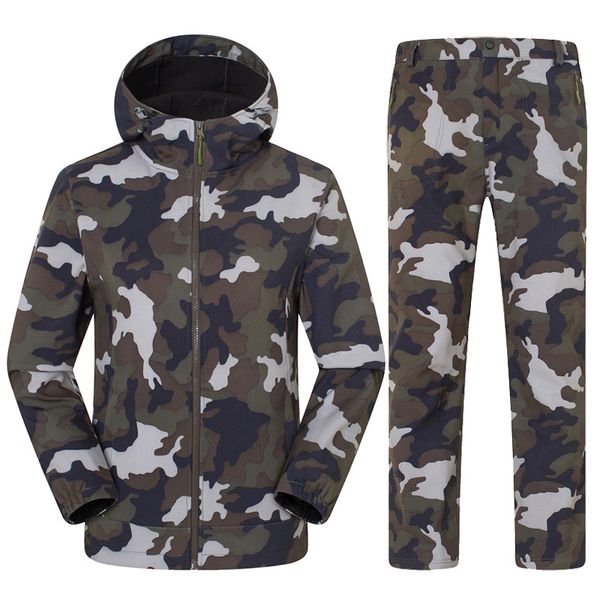 

outdoor camouflage soft shell set men and women couple's soft pants winter brushed and thick shark skin tad customizable, Tan;black