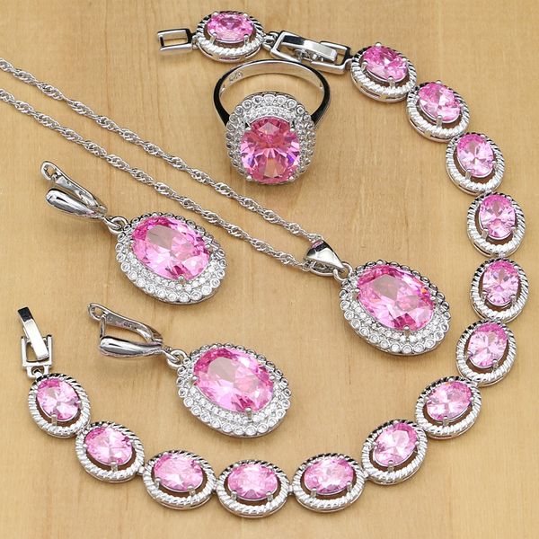 

silver 925 jewelry pink cubic zirconia costume jewelry sets for women earrings with stones ring bracelet necklace set, Slivery;golden