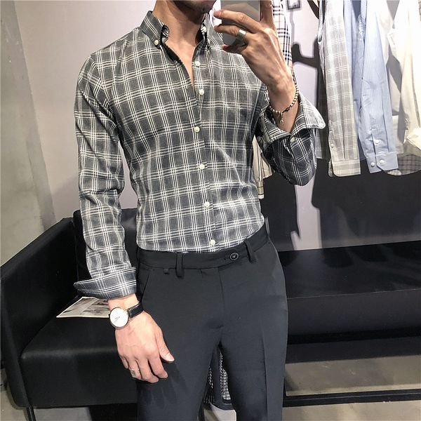 

men shirt plaid long sleeve black dress shirts social slim fit male business casual cotton office formal blouse french cuff gray, White;black