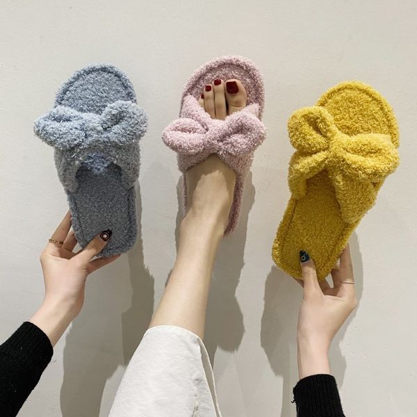 

winter woman cotton slippers slip on faux fur warm shoes non-slip home slippers bow pearl flats female house shoes 2020, Black
