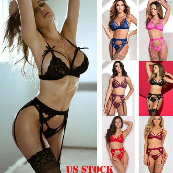 

3 pieces porno lingerie set women lace bandage bras underwear g-string with garter belt exotic sets nightwear sleepwear