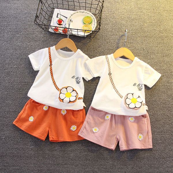 

girls suit 2020 summer fashion children's clothing flower bag little girl summer clothes children's fashion shorts two-piece set, White