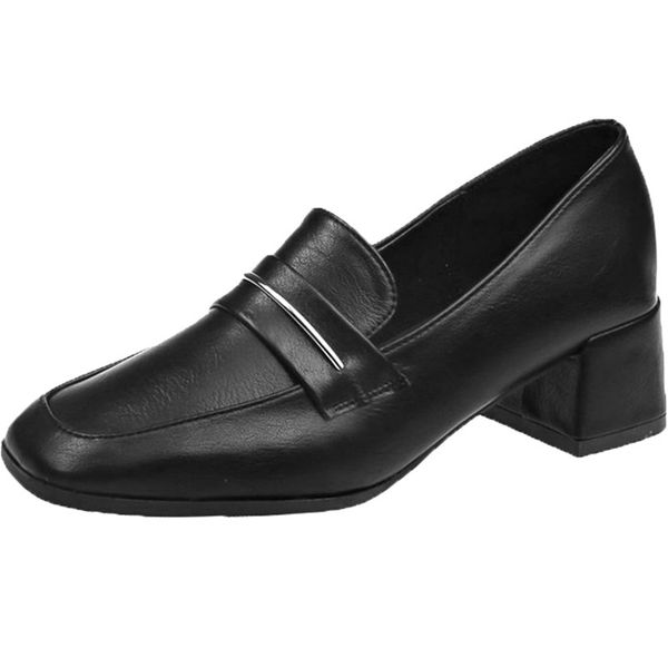 

spring winter pu leather women shoes square toe thick high heel solid mom shoes female pumps metal buckle slip on casual shoes, Black