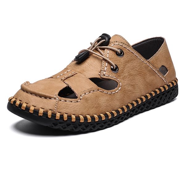 

sale covered toes sandals men fashion lace up mens casual shoes outdoor flat soft light leather sandals male big size 48, Black