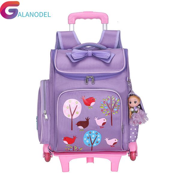 

2/6 3-6 removable children school bags with grades wheels kids trolley schoolbag book bags cute bow girls wheeled backpack