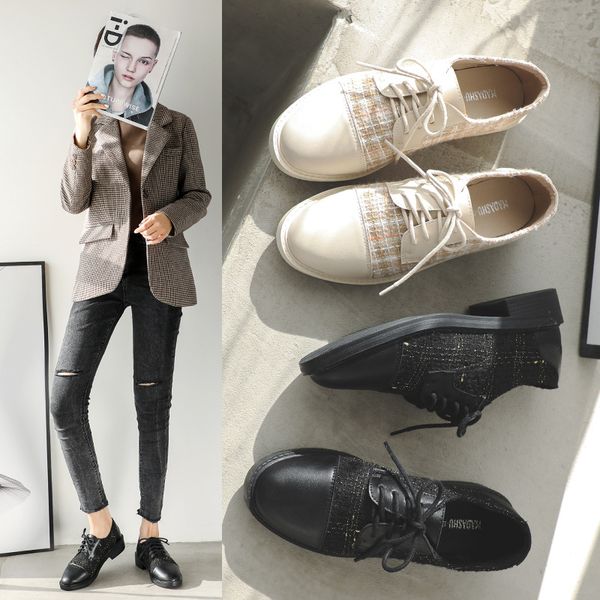 

mixed color cloth patchwork flat shoes woman lace up oxford leather flats vintage round toe espadrilles women brugue shoes 2020, Black