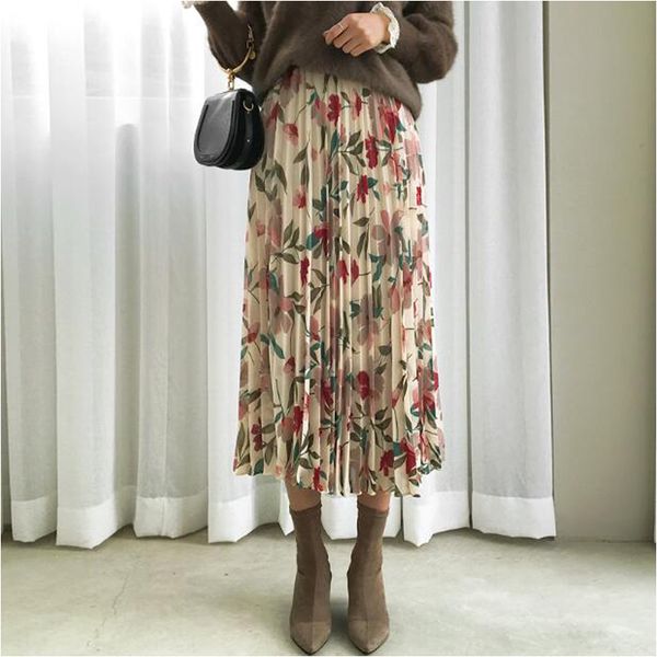 

2019 summer boho midi pleated skirt summer new retro wild floral chiffon skirt women high waist printing a-line female, Black