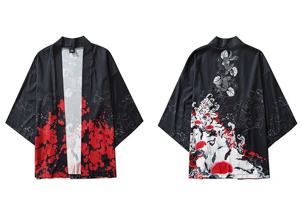 

clothing kimono jacket jacket koi loose streetwear harajuku 2021 thin japanese men japan print hop fish hip ukiyoe summer kimono ovttd, Black