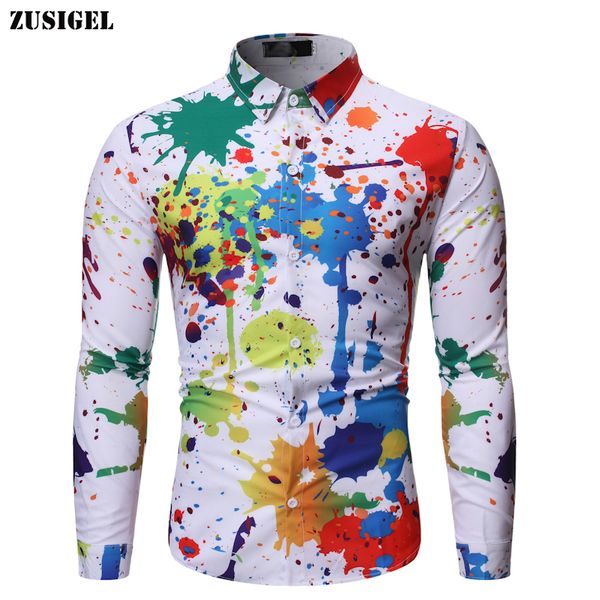 

zusigel graffiti print shirt new autumn turn-down collar casual shirts hip hop slim fit mens shirts long sleeve, White;black