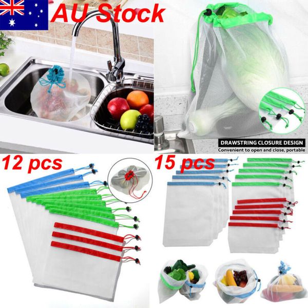 

15 pack reusable produce bags black rope mesh vegetable fruit toys storage pouch