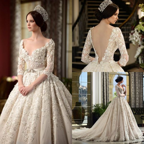 

rami salamoun luxury a line wedding dresses v neck illusion appliques half sleeve vintage wedding dress backless dubai arabic bridal gowns, White
