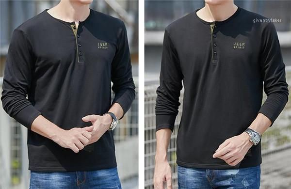 

neck tees males casual clothes mens letter embroidery button tshirts spring designer solid color long sleeve crew, White;black